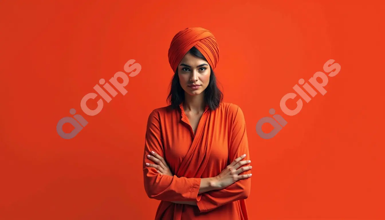Confident Woman in Orange Turban with Arms Crossed on Vibrant Background