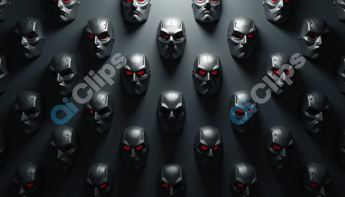 Row of Dark Robotic Masks with Red Eyes on Dark Background