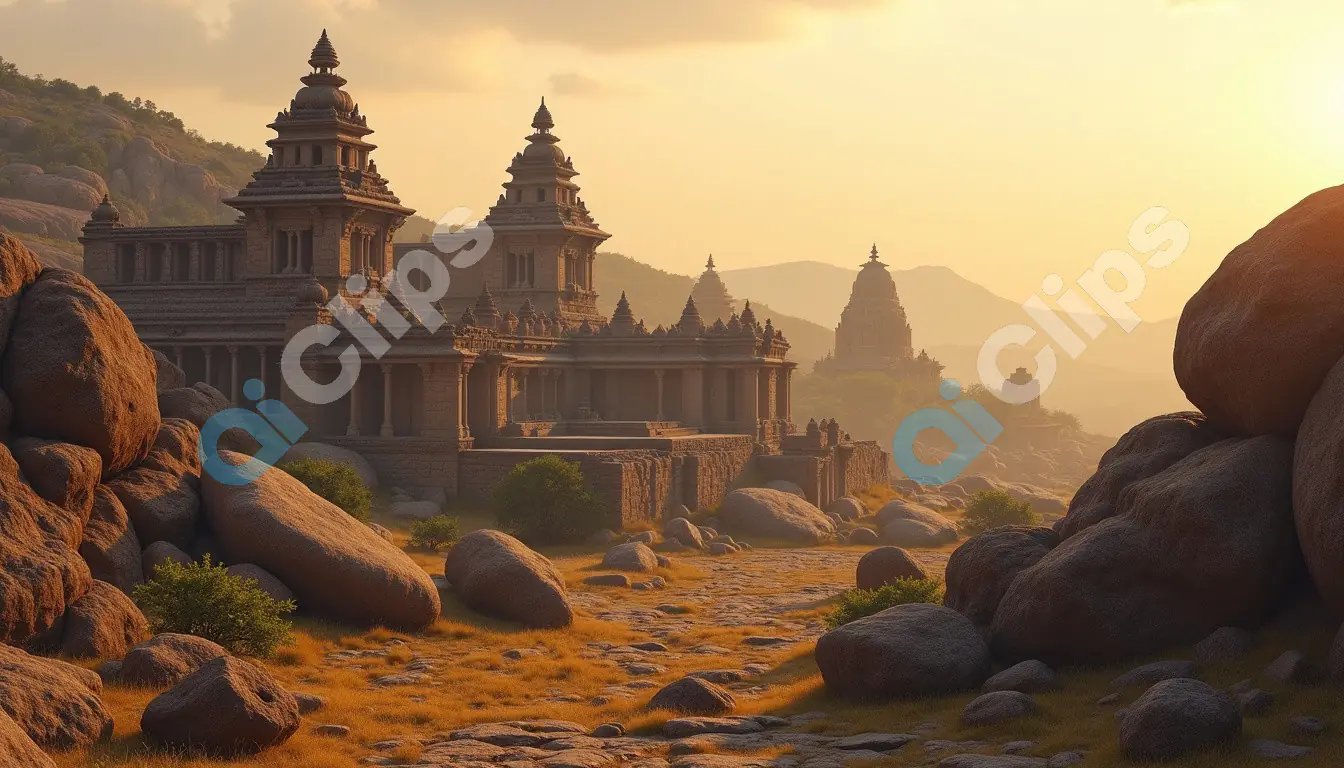 Sunset Over Ancient Indian Temples in Rocky Landscape