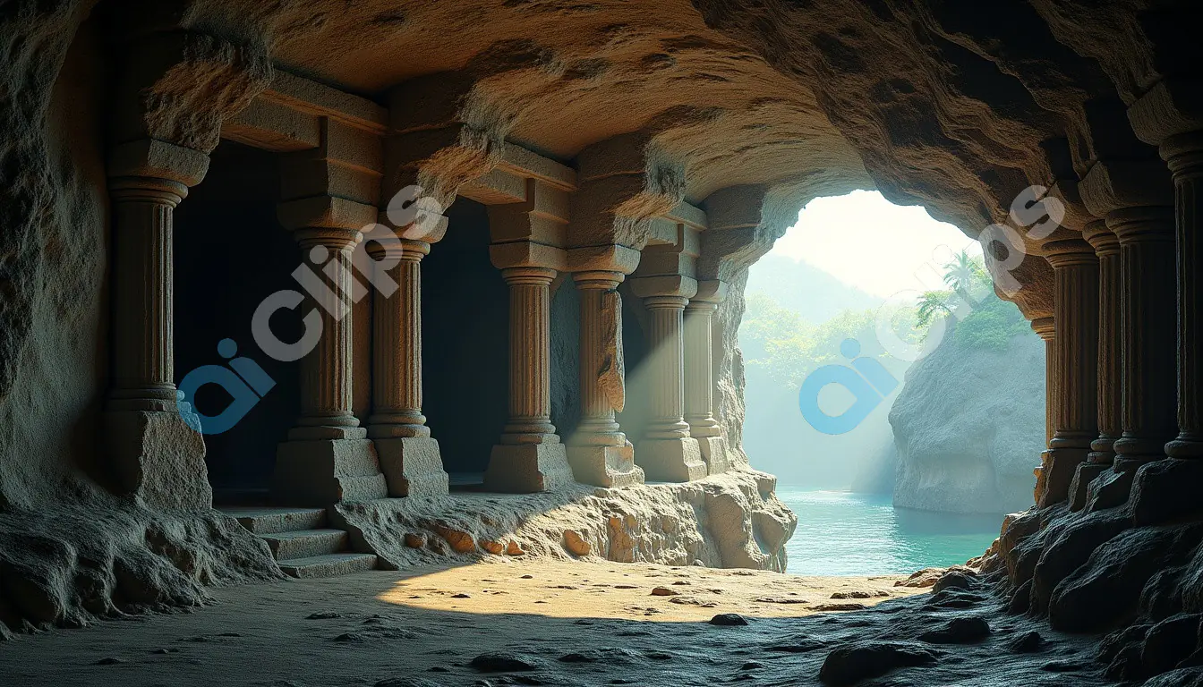 Ancient Stone Cave with Ocean View