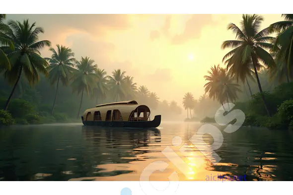 Serene Houseboat in Kerala Backwaters at Sunrise