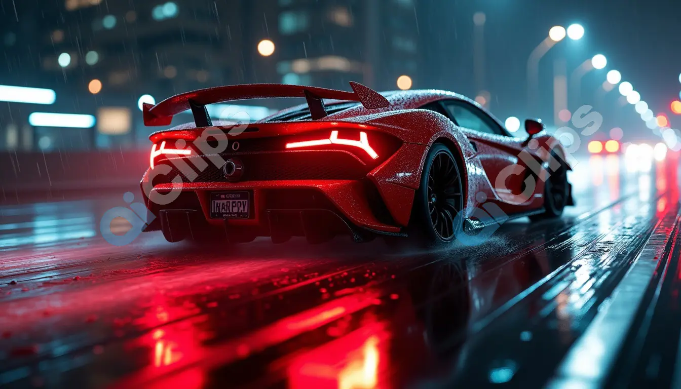 Futuristic Red Supercar in Neon Rain
