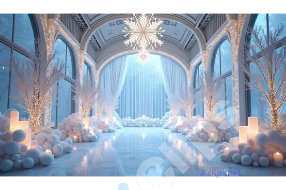 Winter Wonderland Event Hall with Snowy Decorations and Elegant Lighting