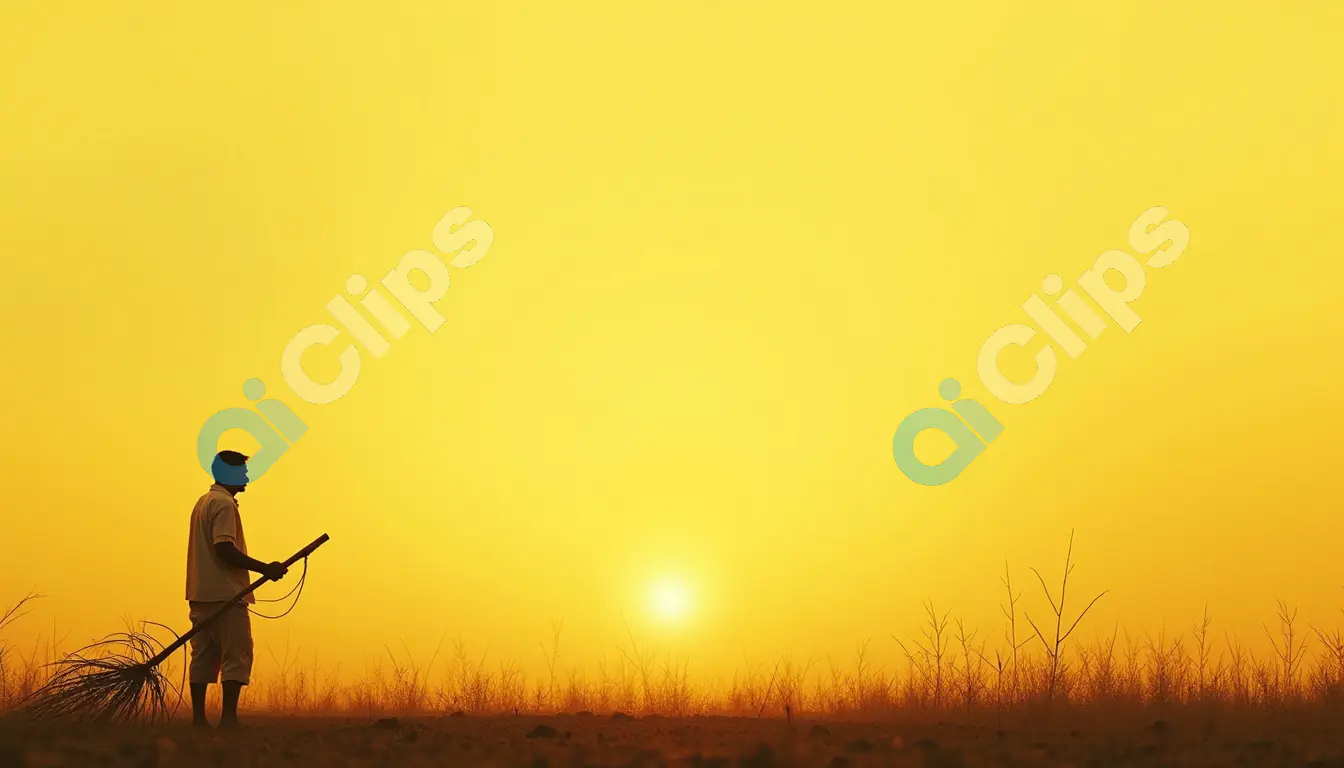 Indian Farmer at Sunrise with Traditional Tool