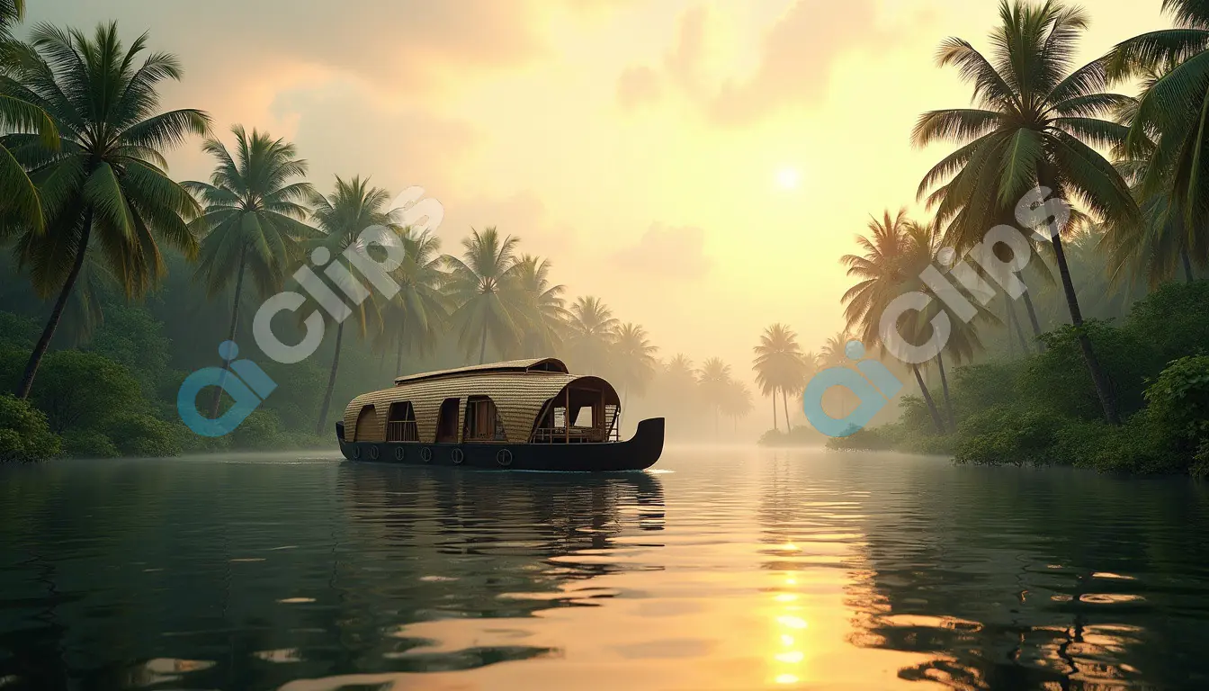 Serene Houseboat in Kerala Backwaters at Sunrise