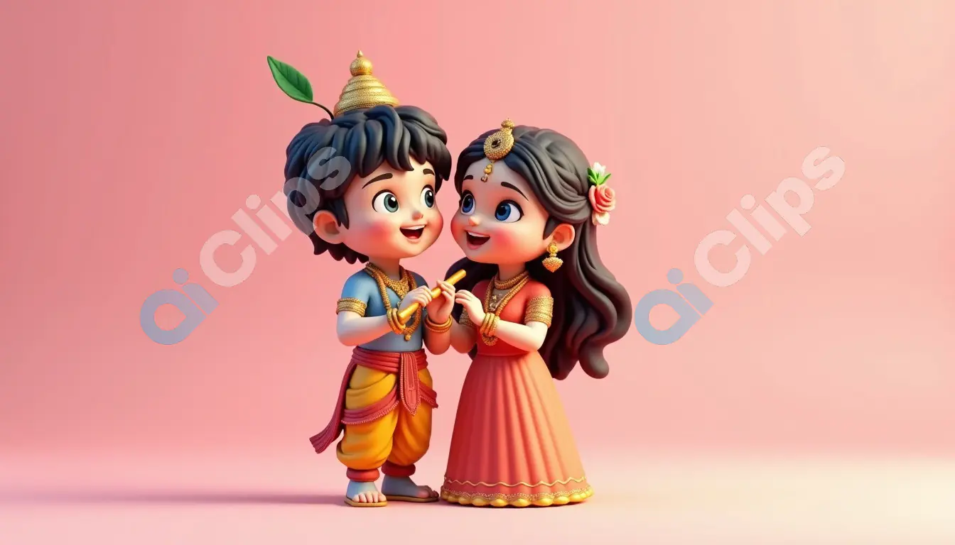 Adorable Cartoon Krishna and Radha in Playful Pose