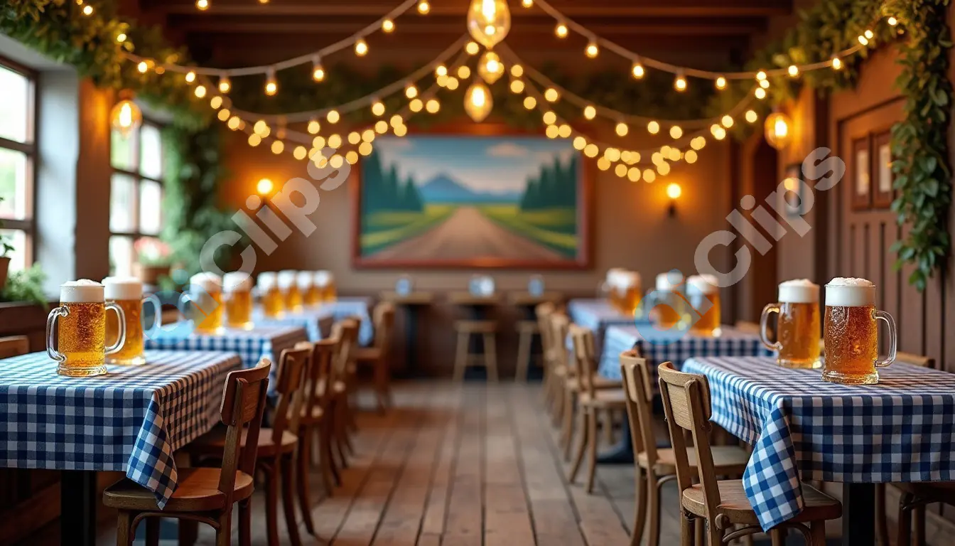 Cozy Bavarian Beer Hall with Blue Checkered Tables and Festive Lights