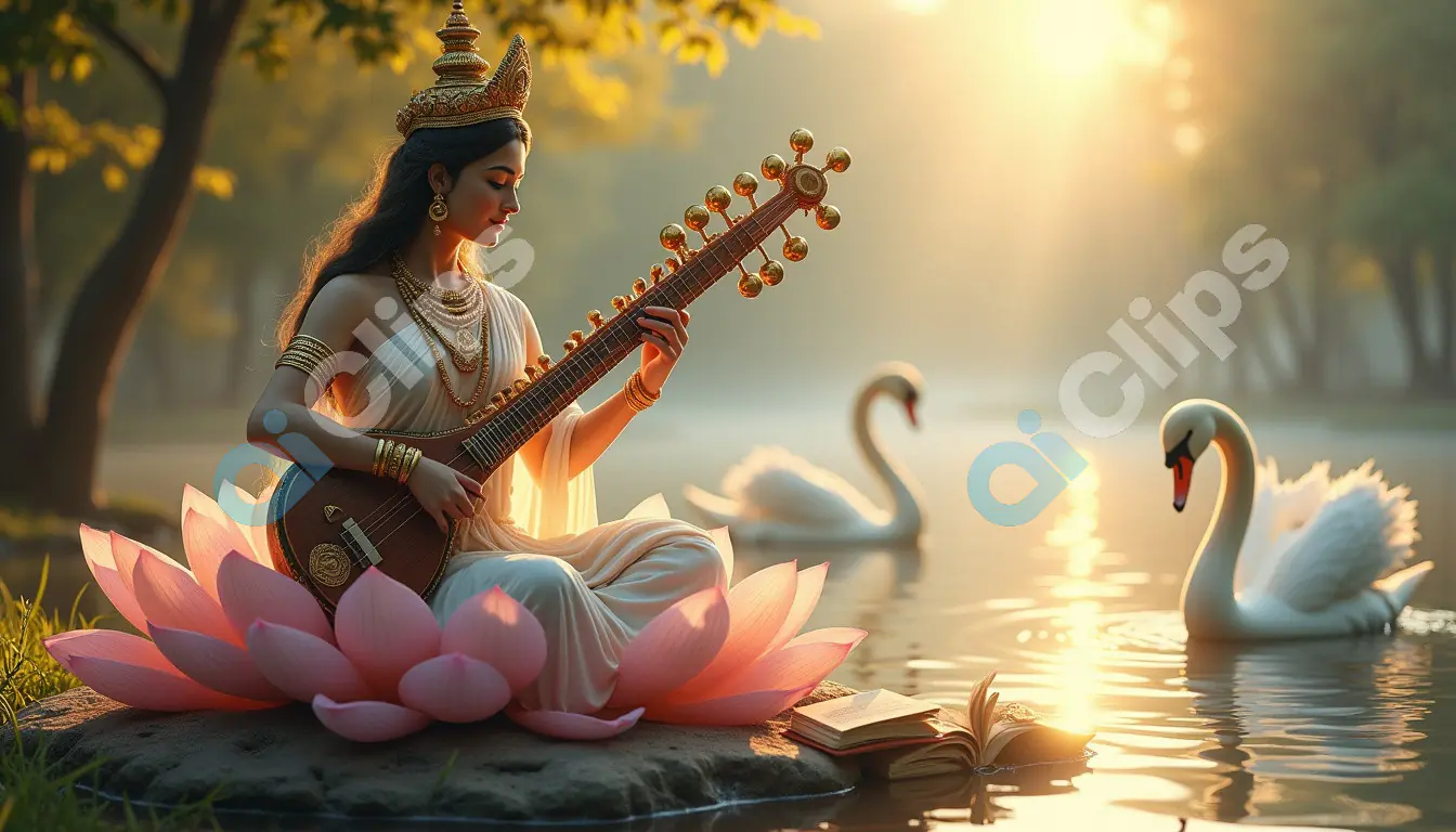 Goddess Saraswati Playing Veena on Lotus with Swans