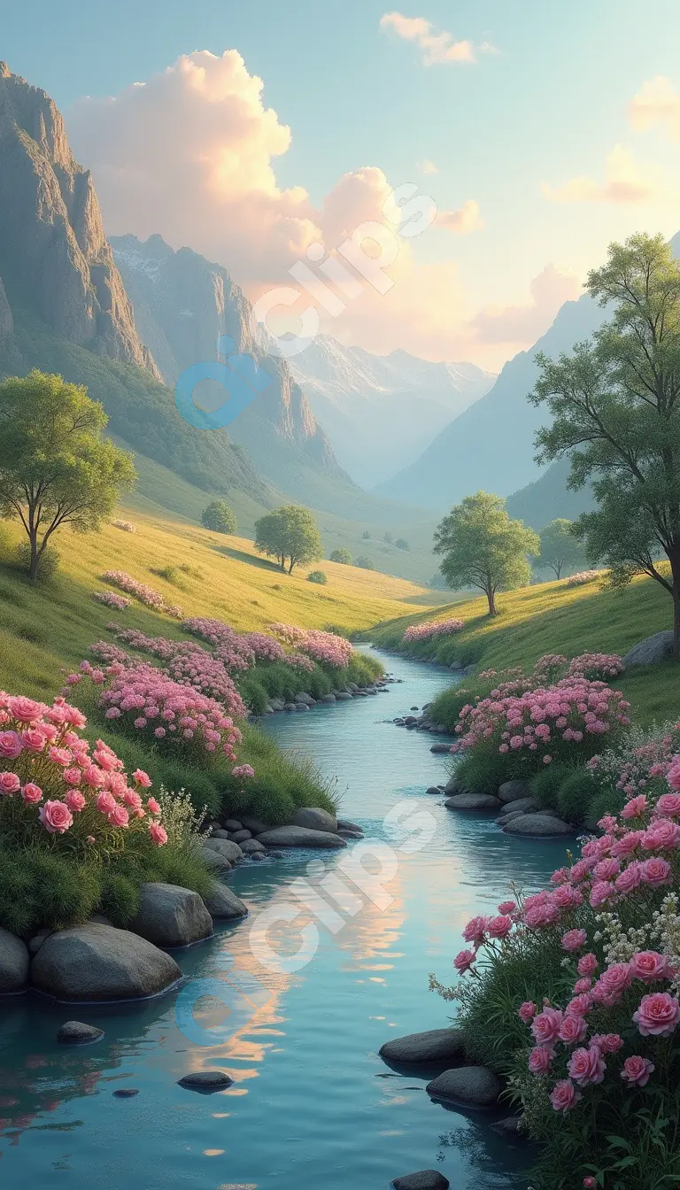 Idyllic Mountain Stream with Blooming Flower Banks