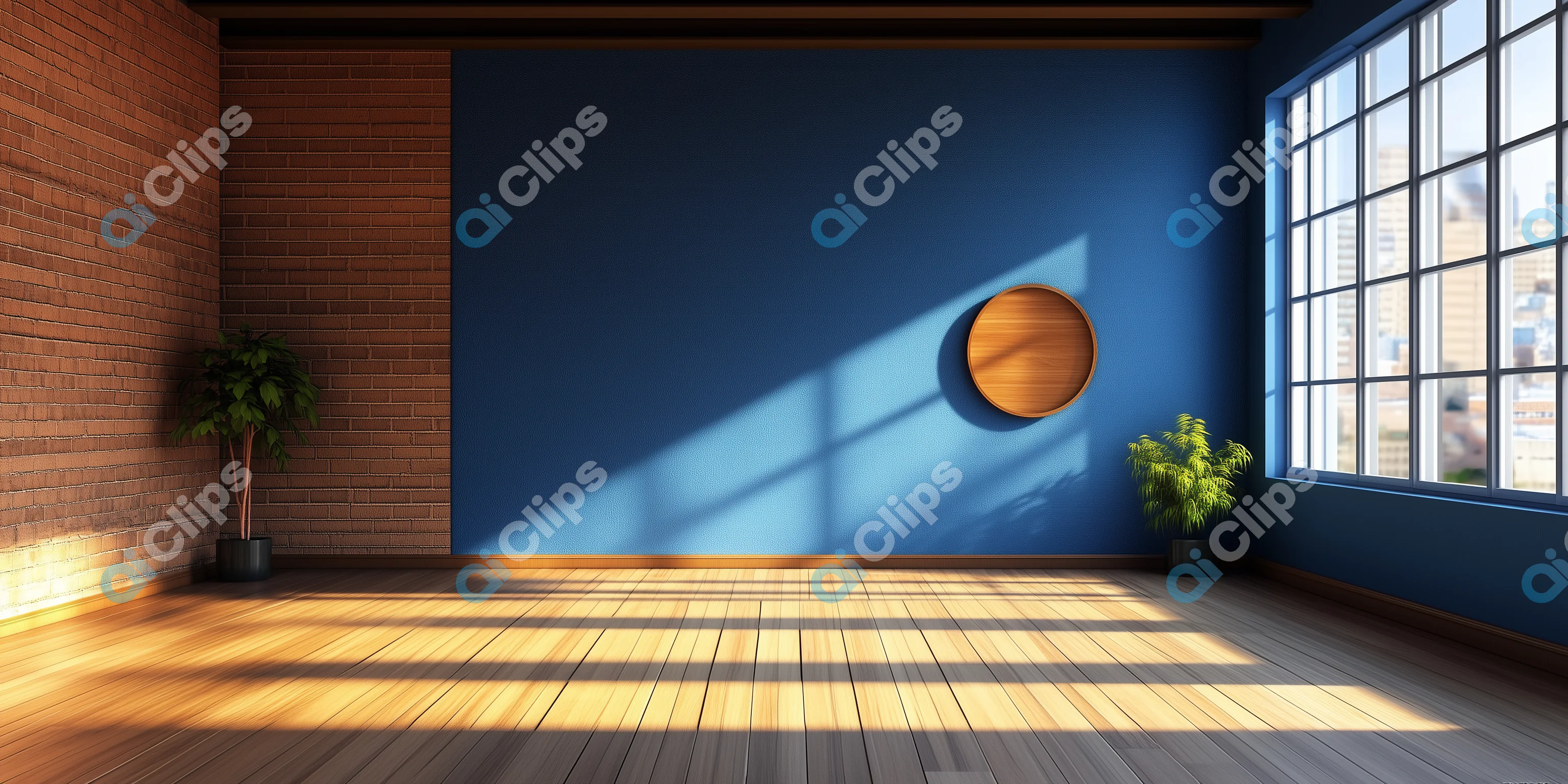 Modern Sunlit Room with Brick and Blue Walls
