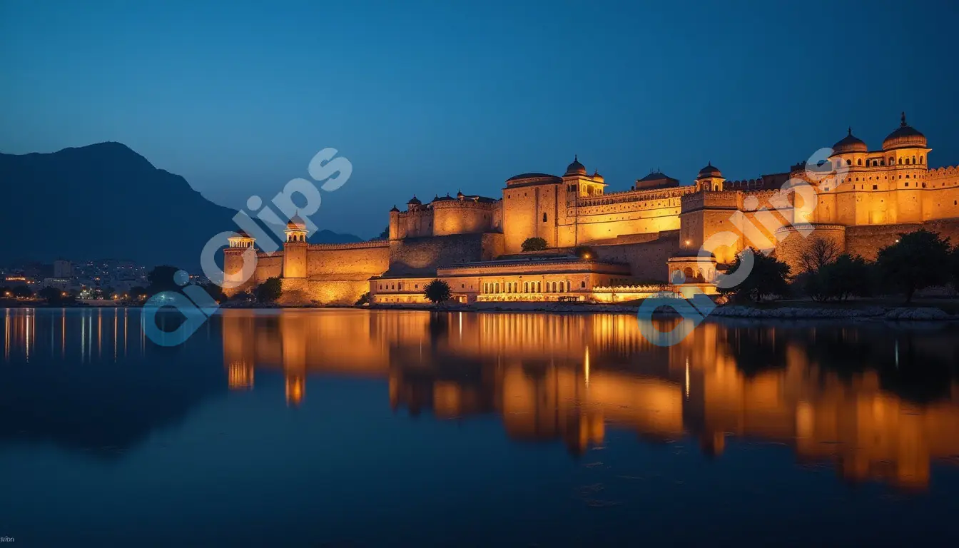 Amber Fort Illuminated at Night with Reflections on Maota Lake