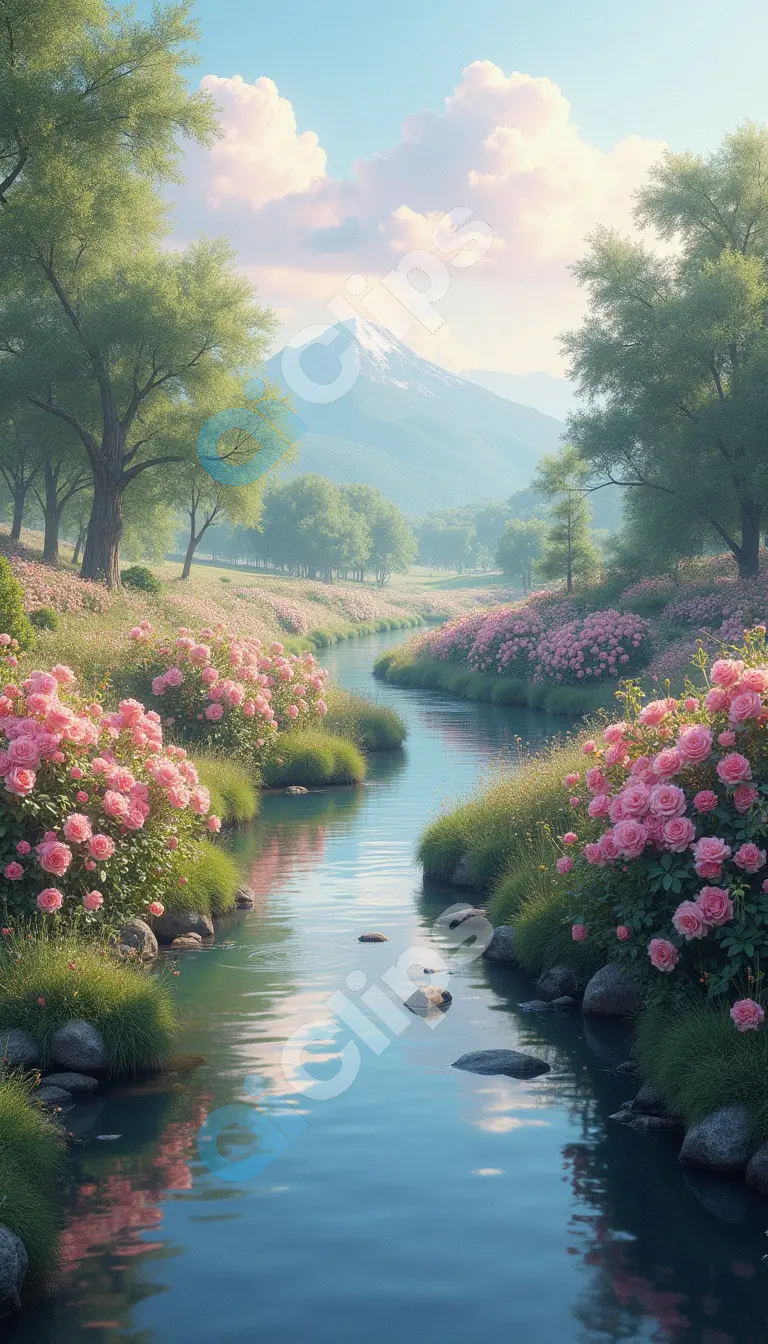 Serene Spring River with Blooming Flowers and Mountain View