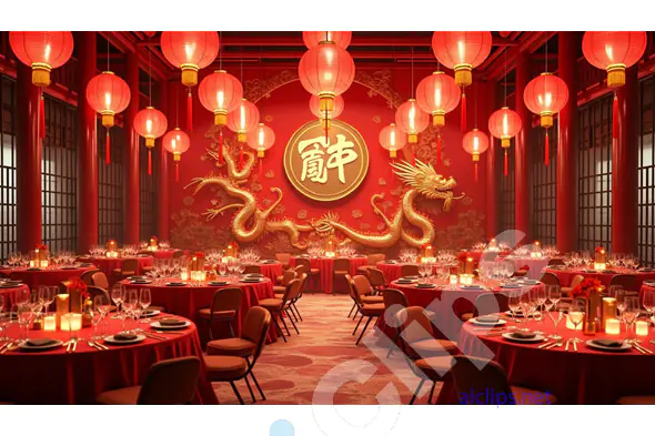 Elegant Chinese New Year Banquet Hall with Red Lanterns and Golden Dragon