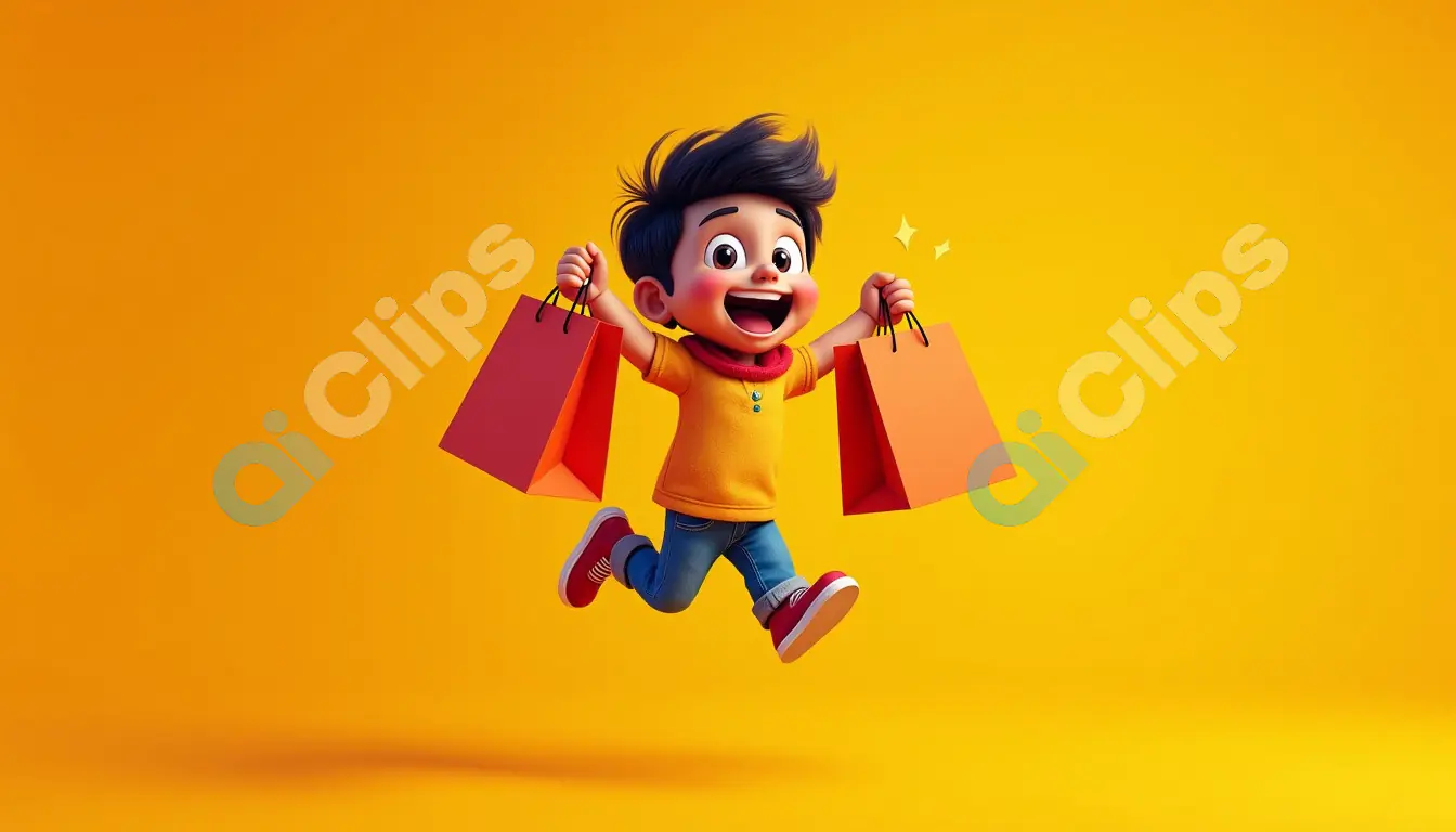 Excited Boy with Shopping Bags - 3D Illustration