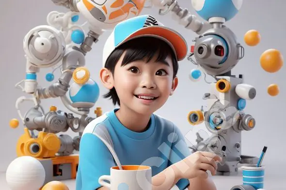 Joyful Child with Robots