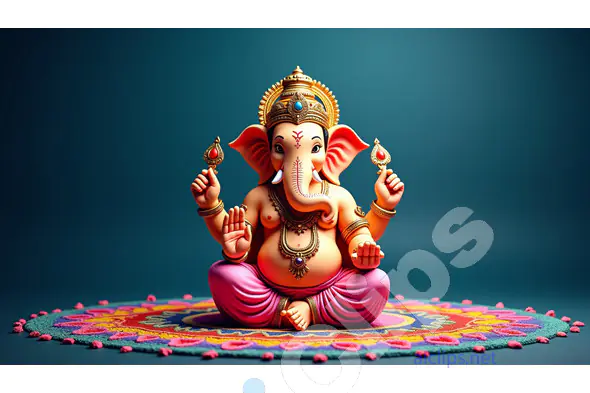 Lord Ganesha 3D Illustration with Decorative Rangoli