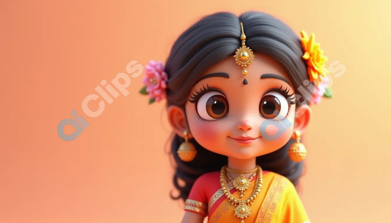 Adorable Cartoon Indian Girl in Traditional Attire