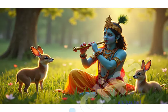Lord Krishna Playing Flute with Deer in Forest