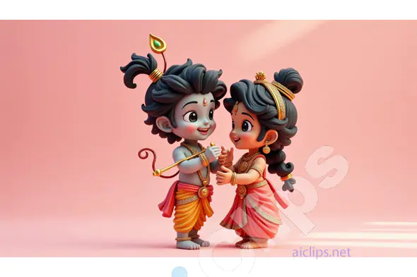 Playful Cartoon Radha & Krishna in Joyful Interaction