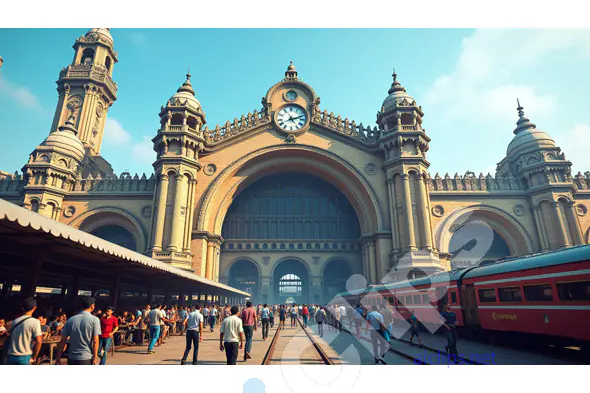 Colonial Indian Railway Station with Clock Tower and Arched Facade