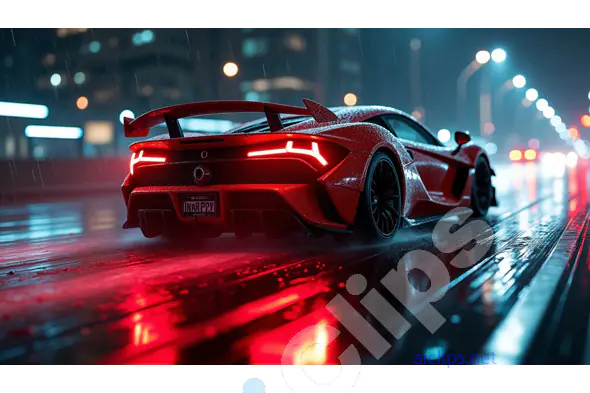 Futuristic Red Supercar in Neon Rain