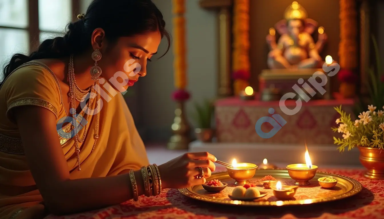 Woman Performing Ganesh Puja with Traditional Offerings