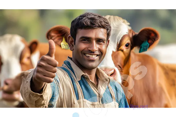 Smiling Indian Farmer Giving Thumbs Up with Cows in the Background