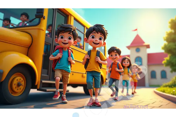Happy School Children Exiting the Bus - Animated Scene