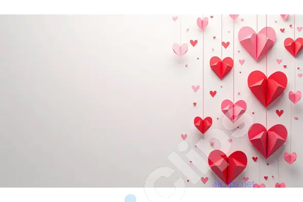 Hanging Origami Hearts on White Background
