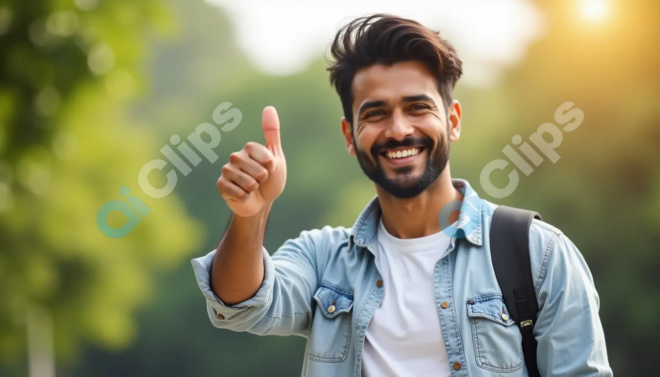 Smiling Young Man Giving a Thumbs Up in Natural Setting
