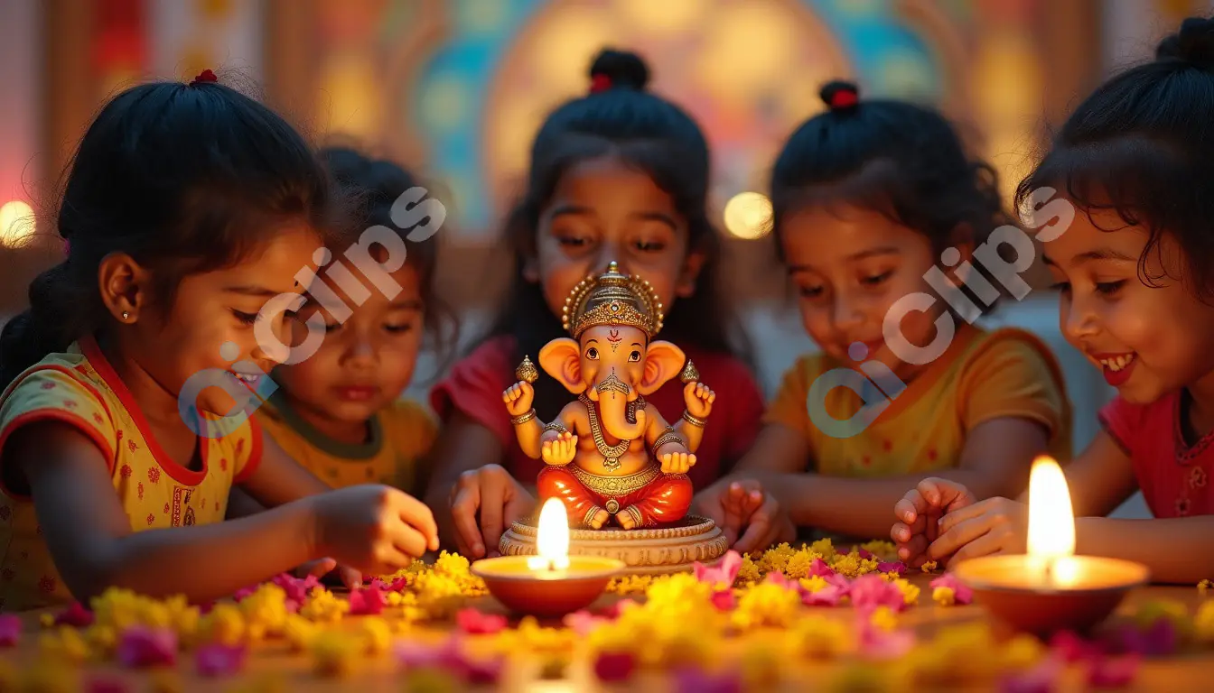 Children Celebrating Ganesh Chaturthi with Ganesha Idol and Flowers