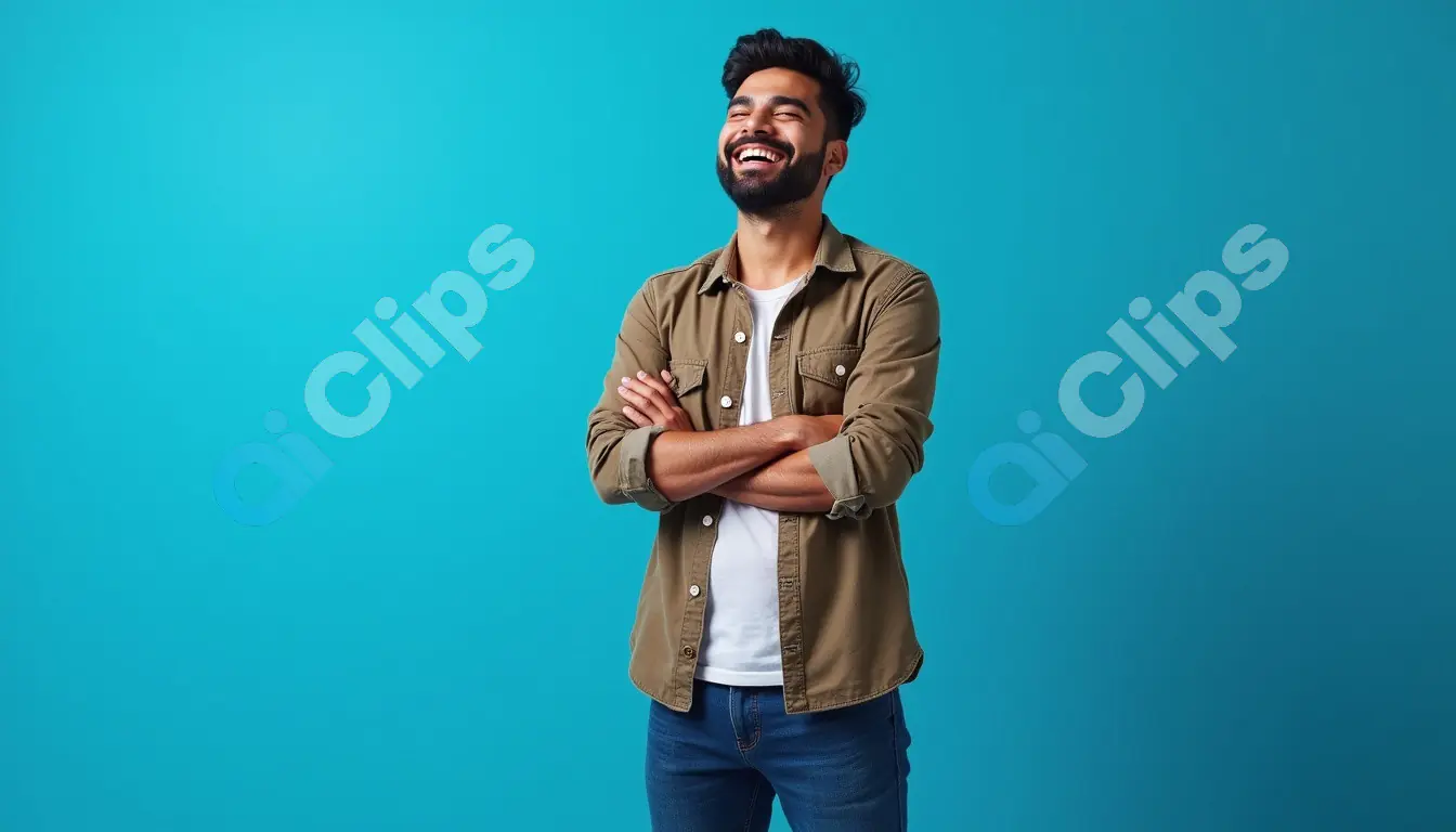 Cheerful Young Man Laughing with Arms Crossed