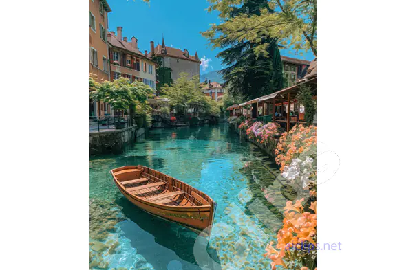 Scenic Canal with Boat and Flowers