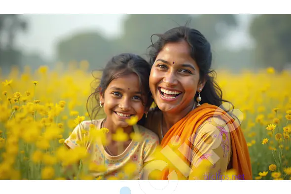 Joyful Mother and Daughter in Blooming Field