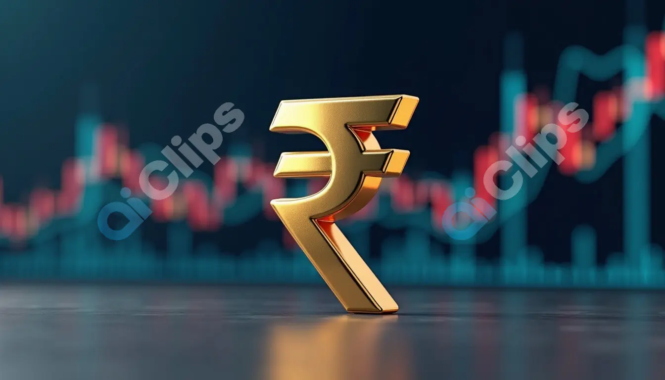 Golden Indian Rupee Symbol with Financial Graphs