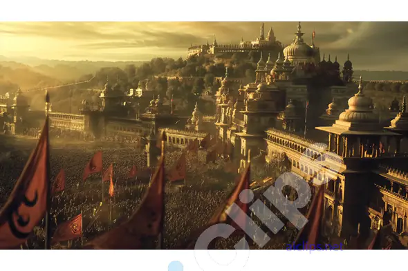 Grand Ancient Indian City at Sunrise with Crowds and Flags