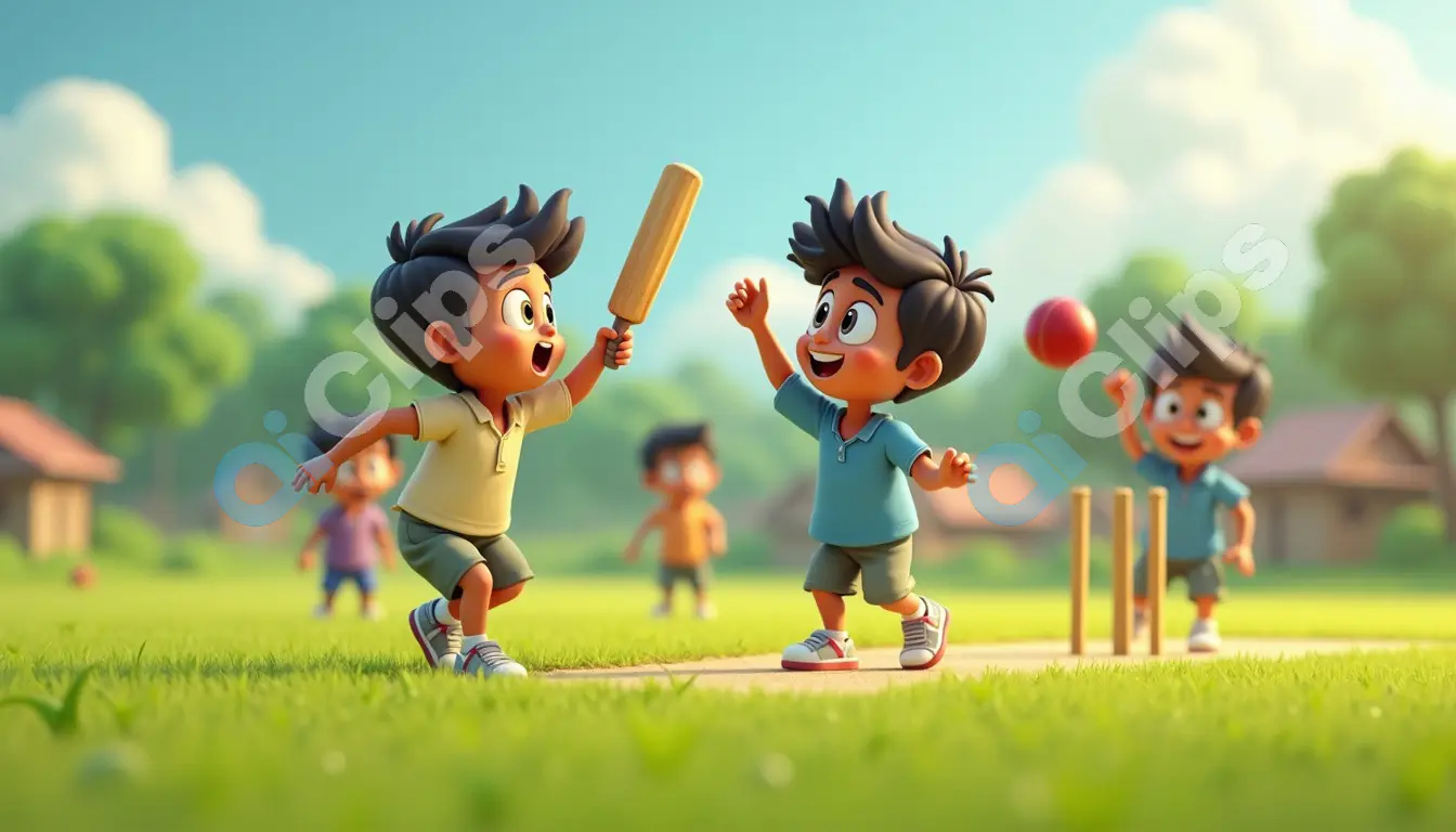 Animated Kids Playing Cricket in a Lush Green Field