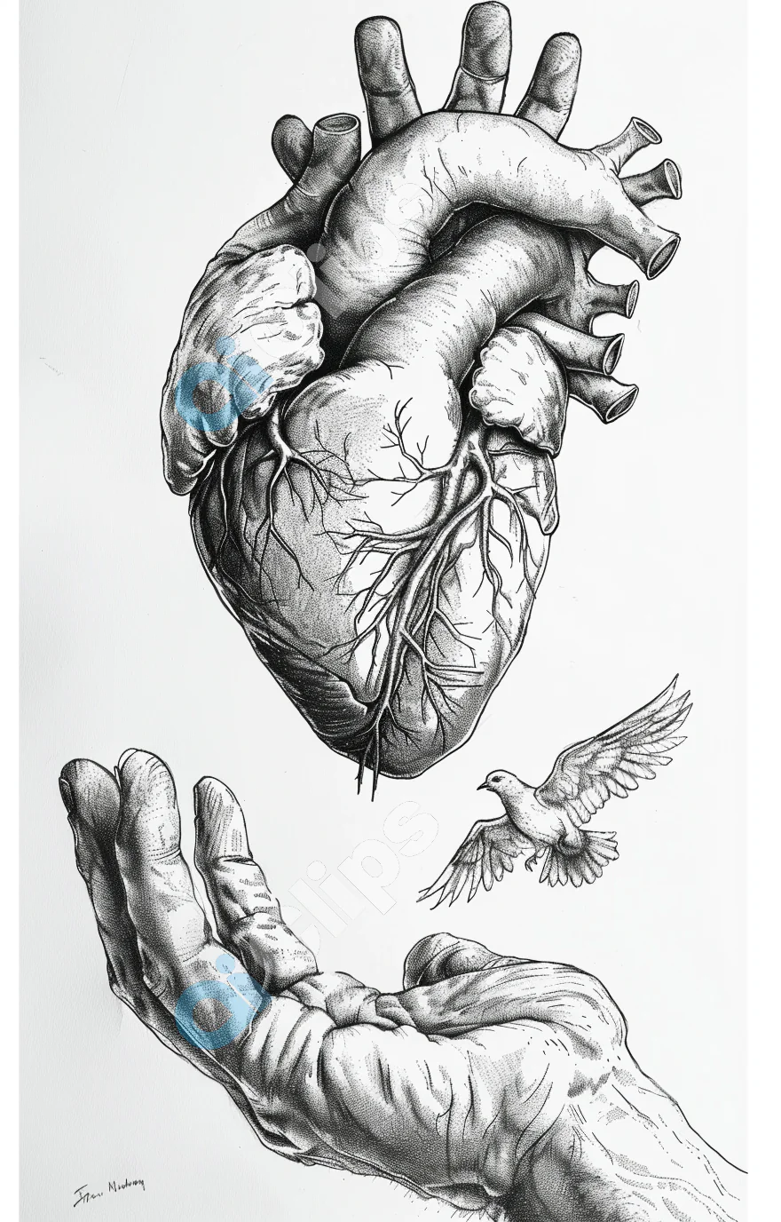 Anatomical Heart with Hand and Bird
