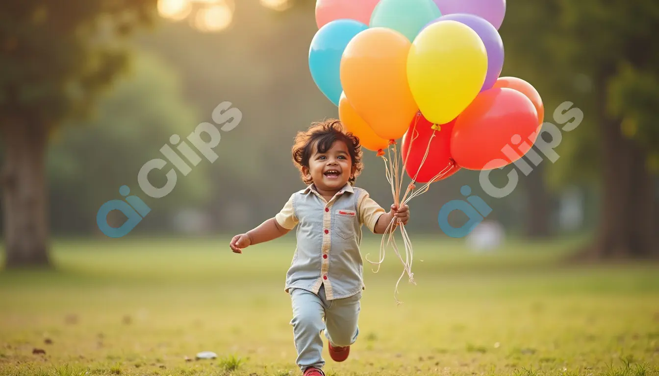 Joyful Toddler Running with Balloons