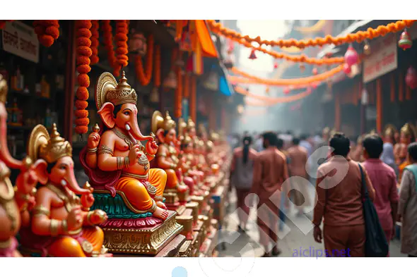 Ganesh Chaturthi Market with Rows of Ganesha Idols
