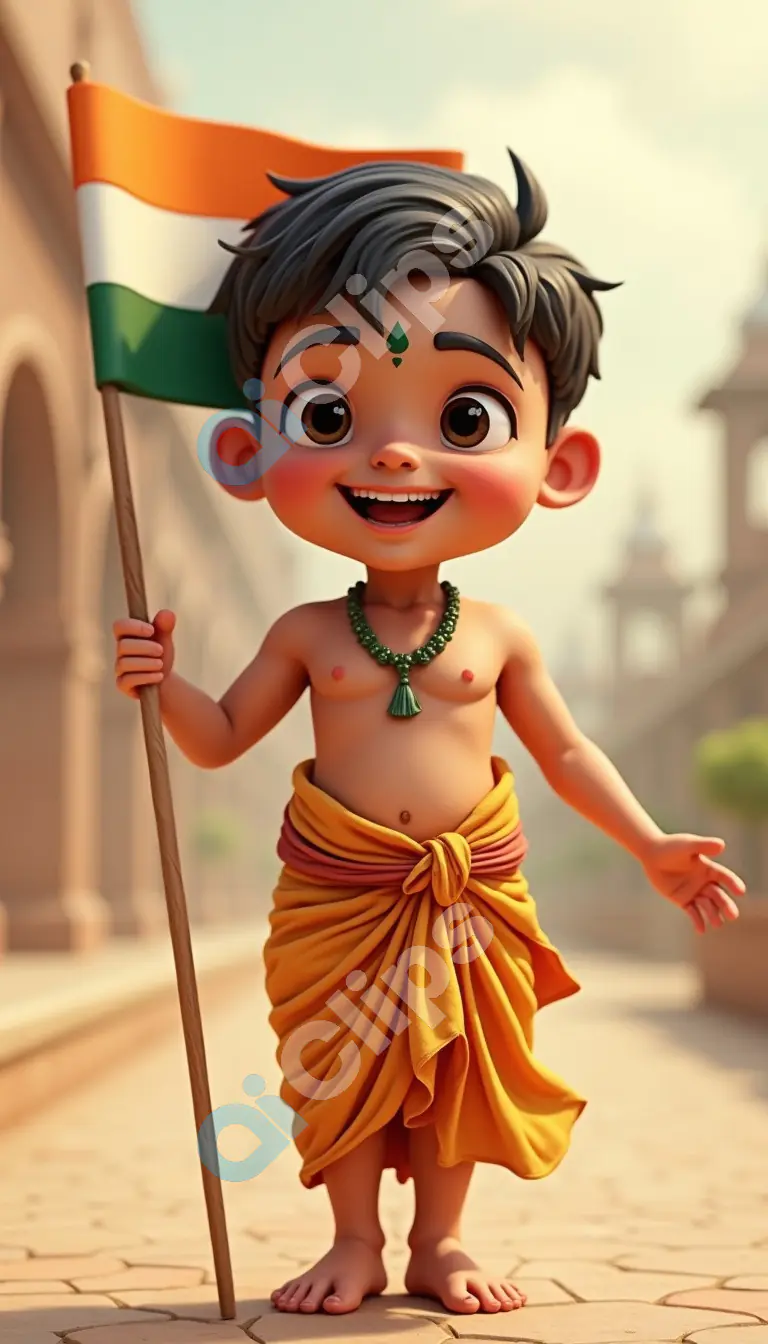 Cute Indian Boy Holding National Flag