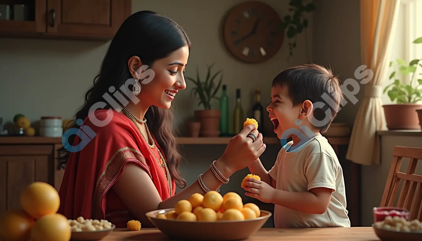 Mother Feeding Laddu to Child in Traditional Indian Kitchen