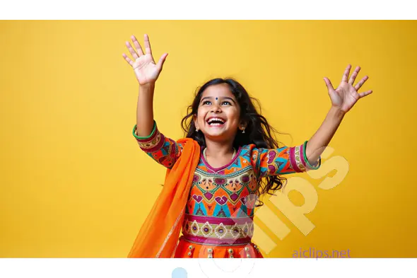 Excited Indian Girl in Traditional Attire