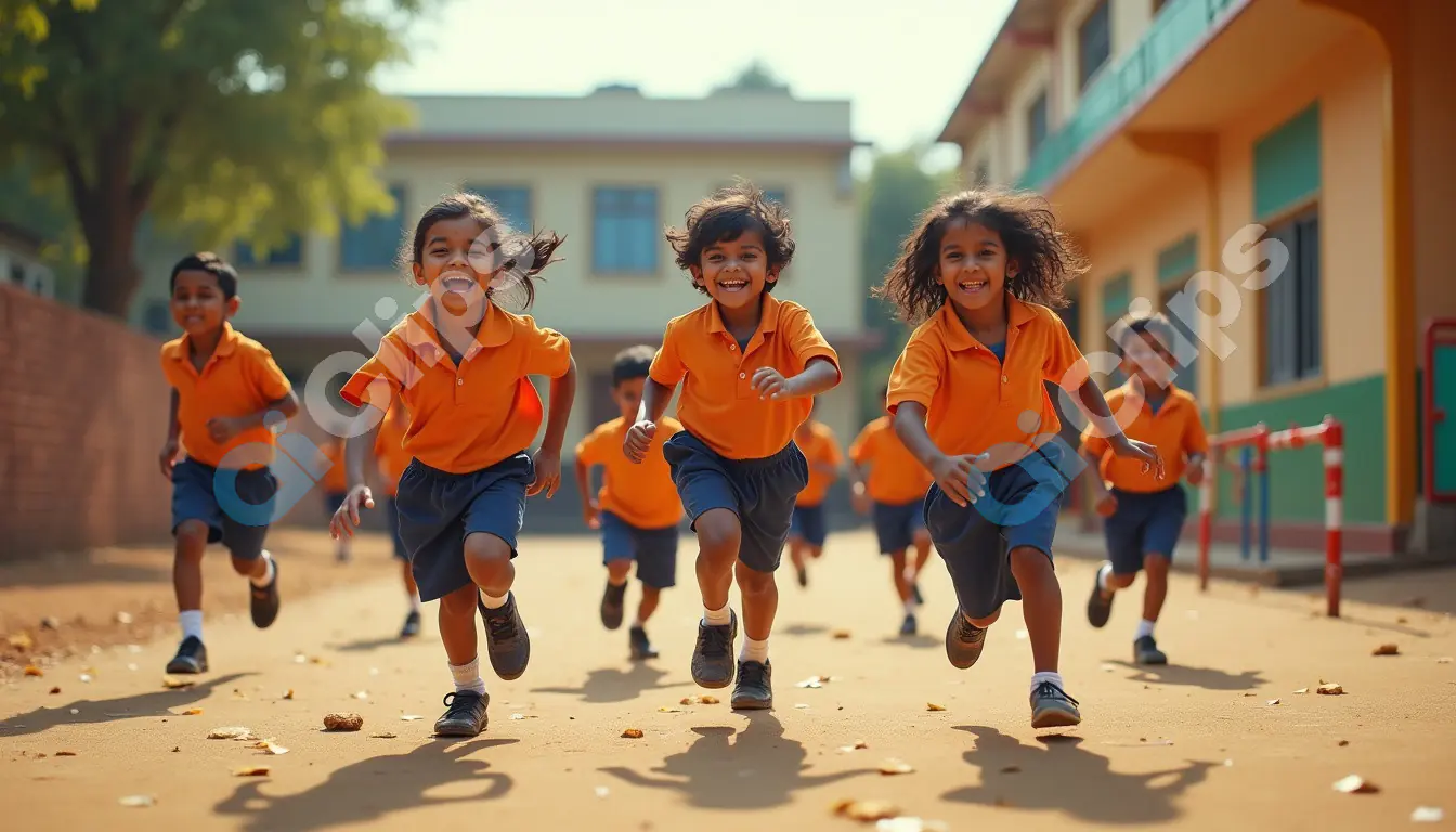 School Children Running Joyfully in Playground