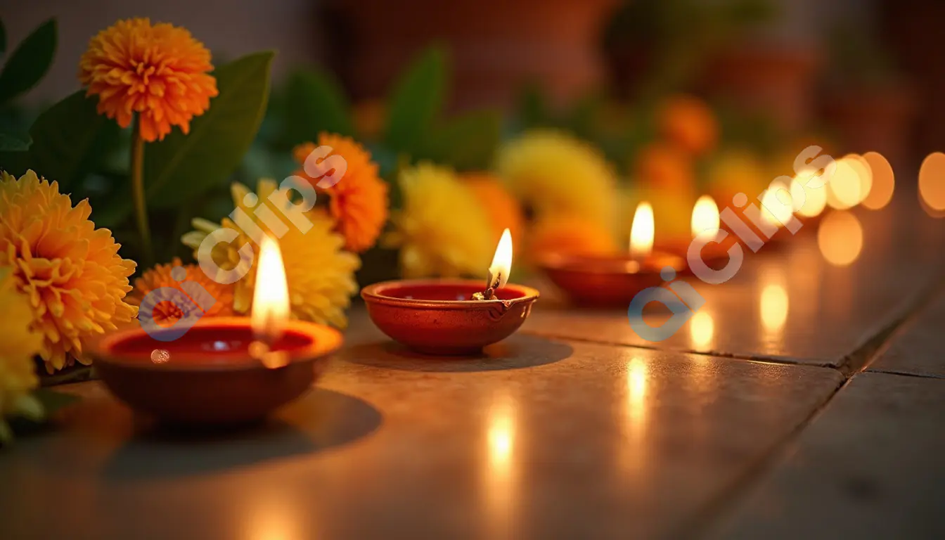 Diwali Diyas with Marigold Flowers