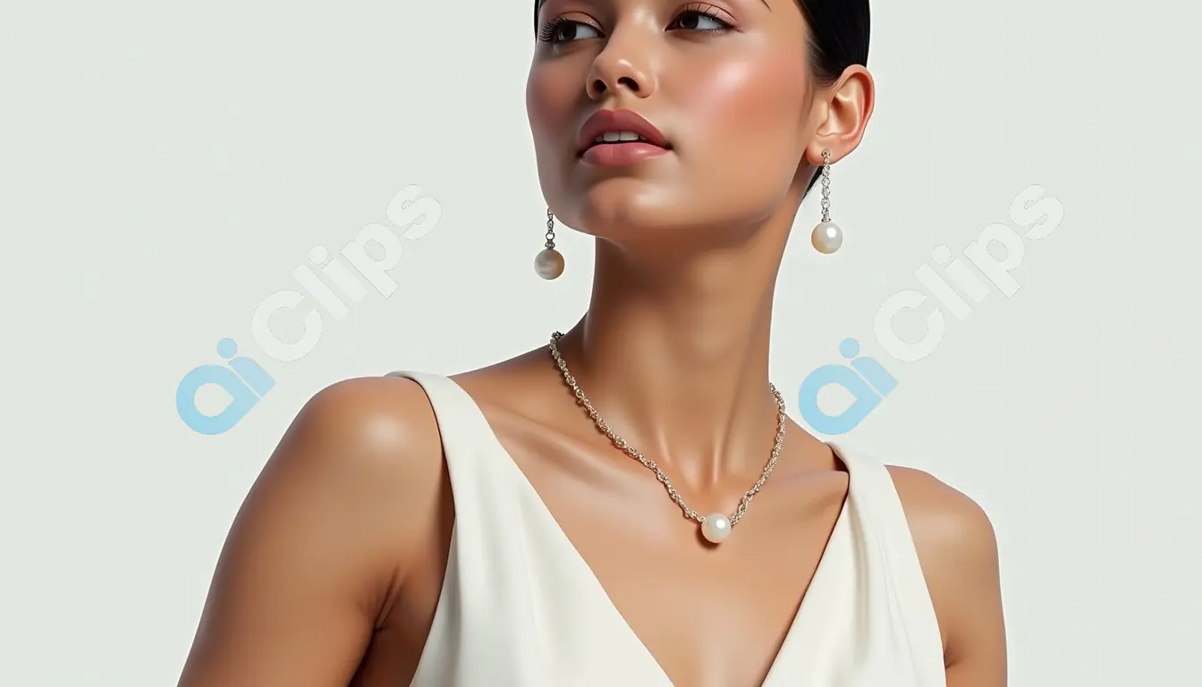 Modern Elegance: Woman in White with Pearl Jewelry