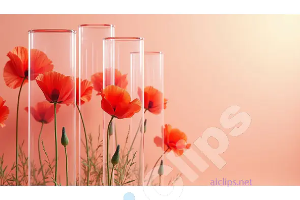 Red Poppies in Tall Glass Cylinders on Peach Background