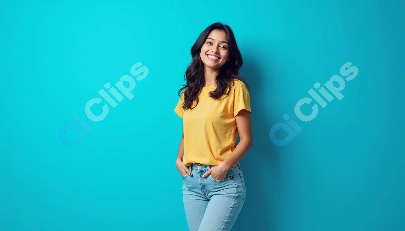 Smiling Young Woman in Casual Outfit Against Blue Background