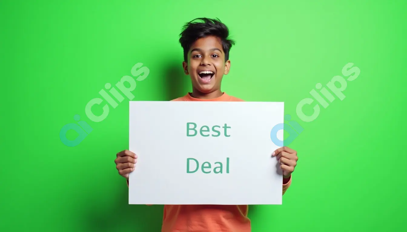 Enthusiastic Young Man Holding "Best Deal" Sign