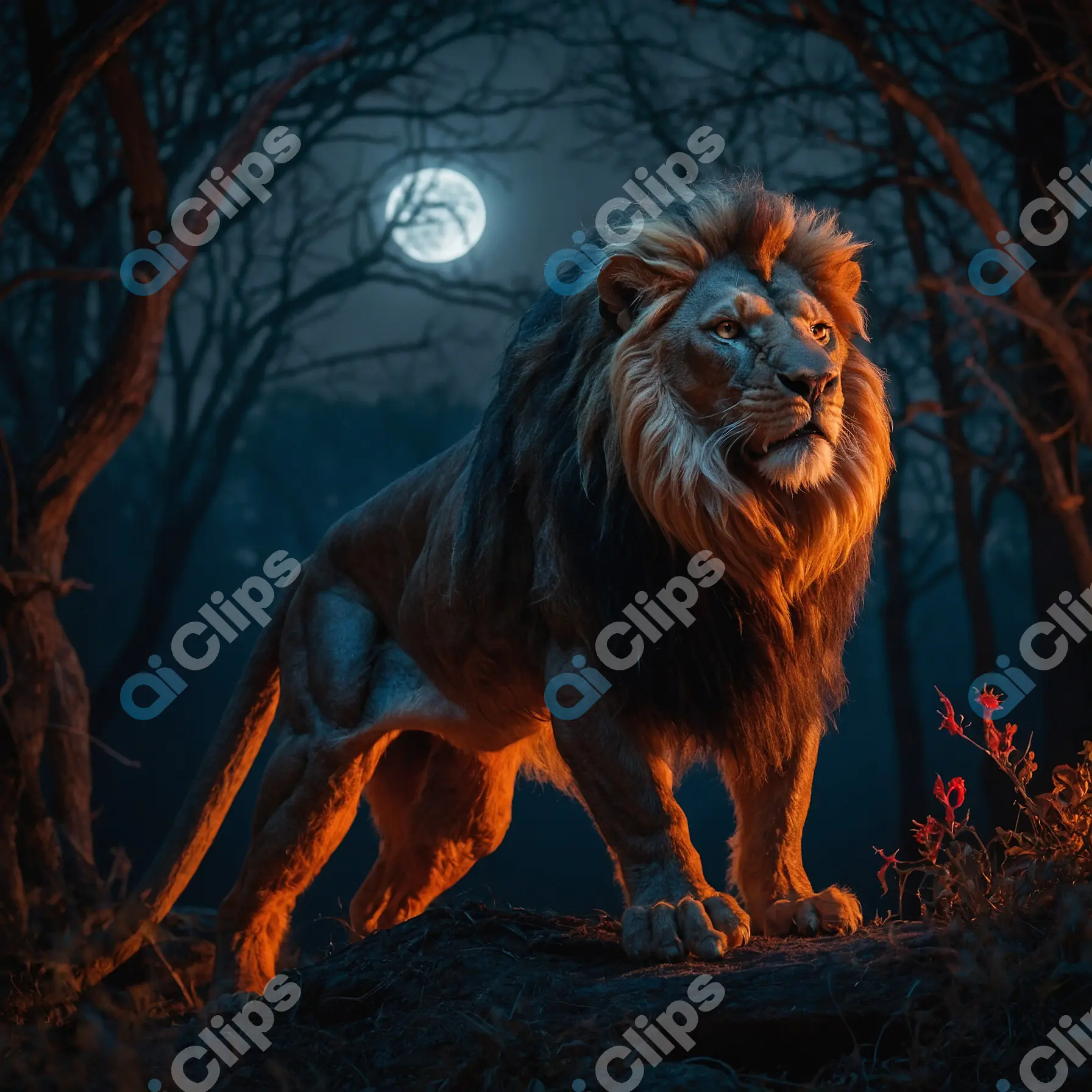 Majestic Lion Under Moonlight